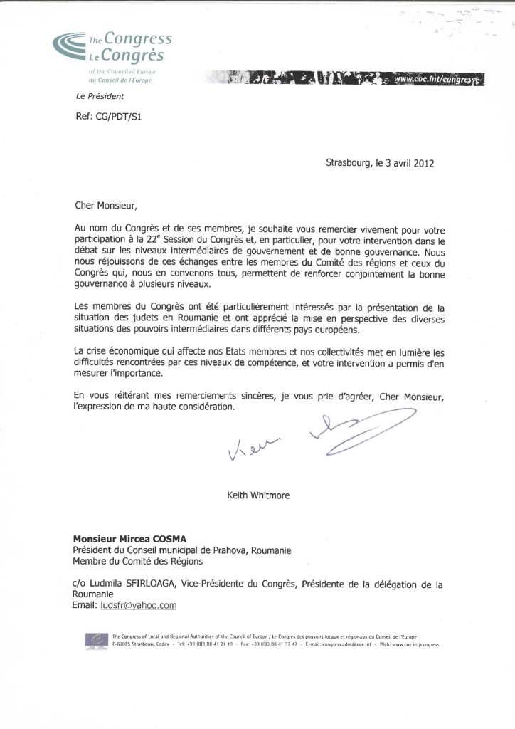 Scrisoare de mulţumire de la Consiliul Europei pentru MIrcea Cosma Scrisoare de mulţumire de la Consiliul Europei pentru MIrcea Cosma