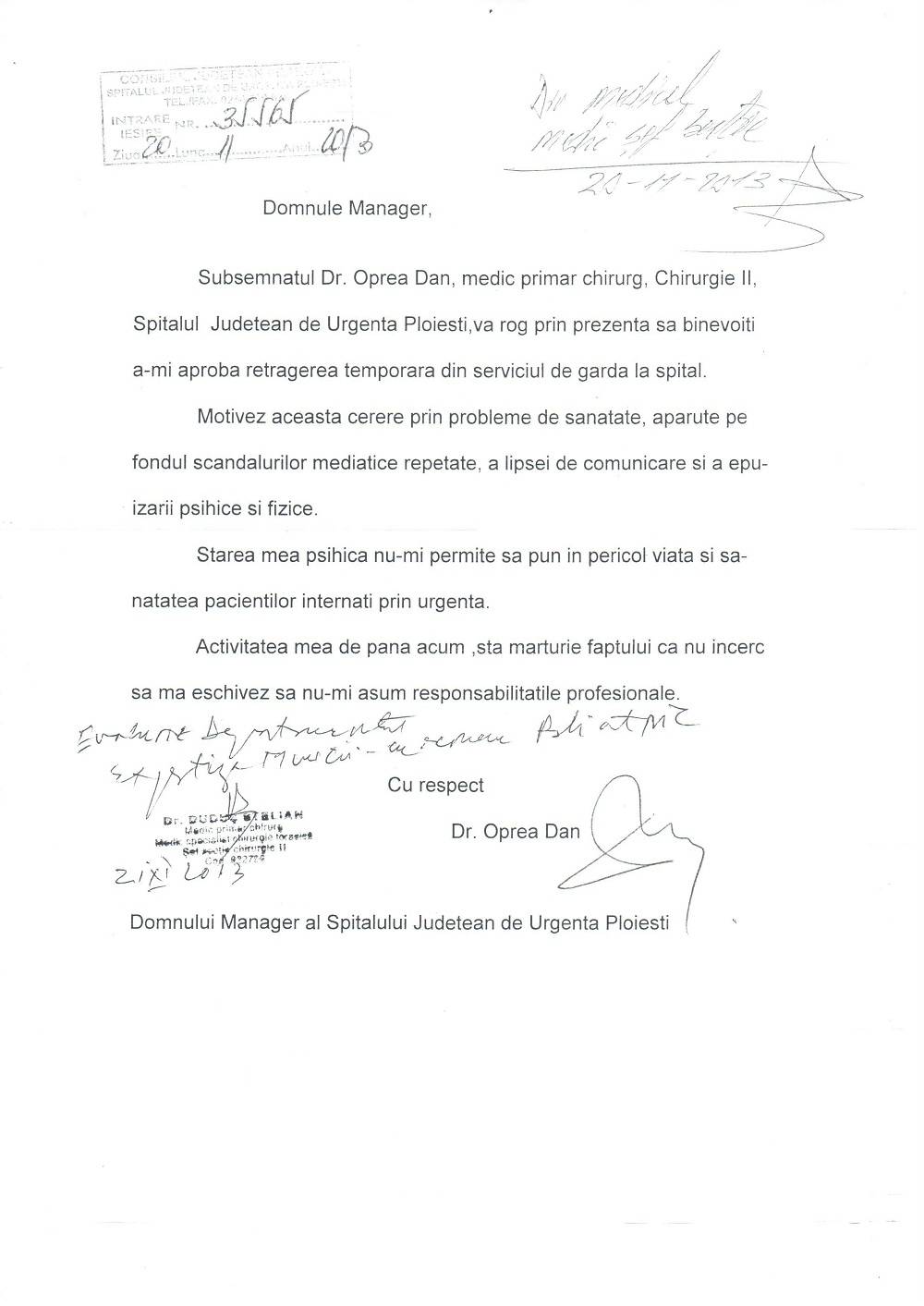 Documentul prin care medicul Dan Oprea a cerut să nu mai facă de gardă Documentul prin care medicul Dan Oprea a cerut să nu mai facă de gardă