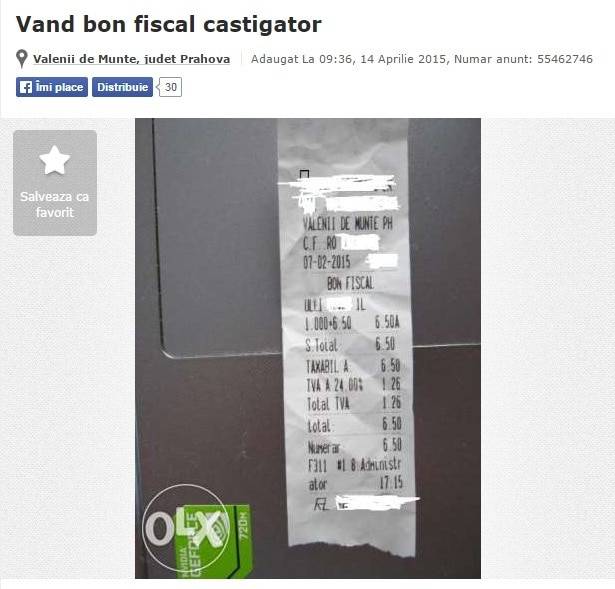 Un bărbat din Vălenii de Munte îşi vinde bonul fiscal câştigător pe OLX Un bărbat din Vălenii de Munte îşi vinde bonul fiscal câştigător pe OLX
