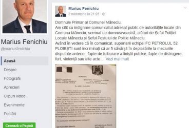 Marius Fenichiu către primarul din Măneciu, Vasile Cordoş: “Vă solicit să cereți în mod public scuze suporterilor petrolişti!”