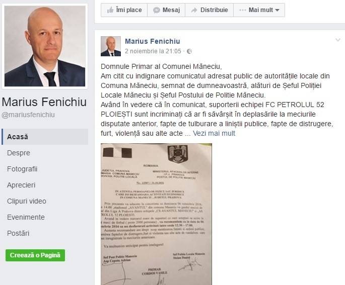 Marius Fenichiu către primarul din Măneciu, Vasile Cordoş: “Vă solicit să cereți în mod public scuze suporterilor petrolişti!” Marius Fenichiu către primarul din Măneciu, Vasile Cordoş: “Vă solicit să cereți în mod public scuze suporterilor petrolişti!”