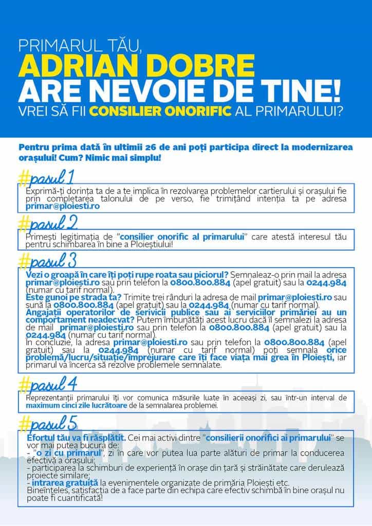 Anunţul PNL cu privire la proiectul “Consilier onorific al primarului Adrian Dobre” Anunţul PNL cu privire la proiectul “Consilier onorific al primarului Adrian Dobre”