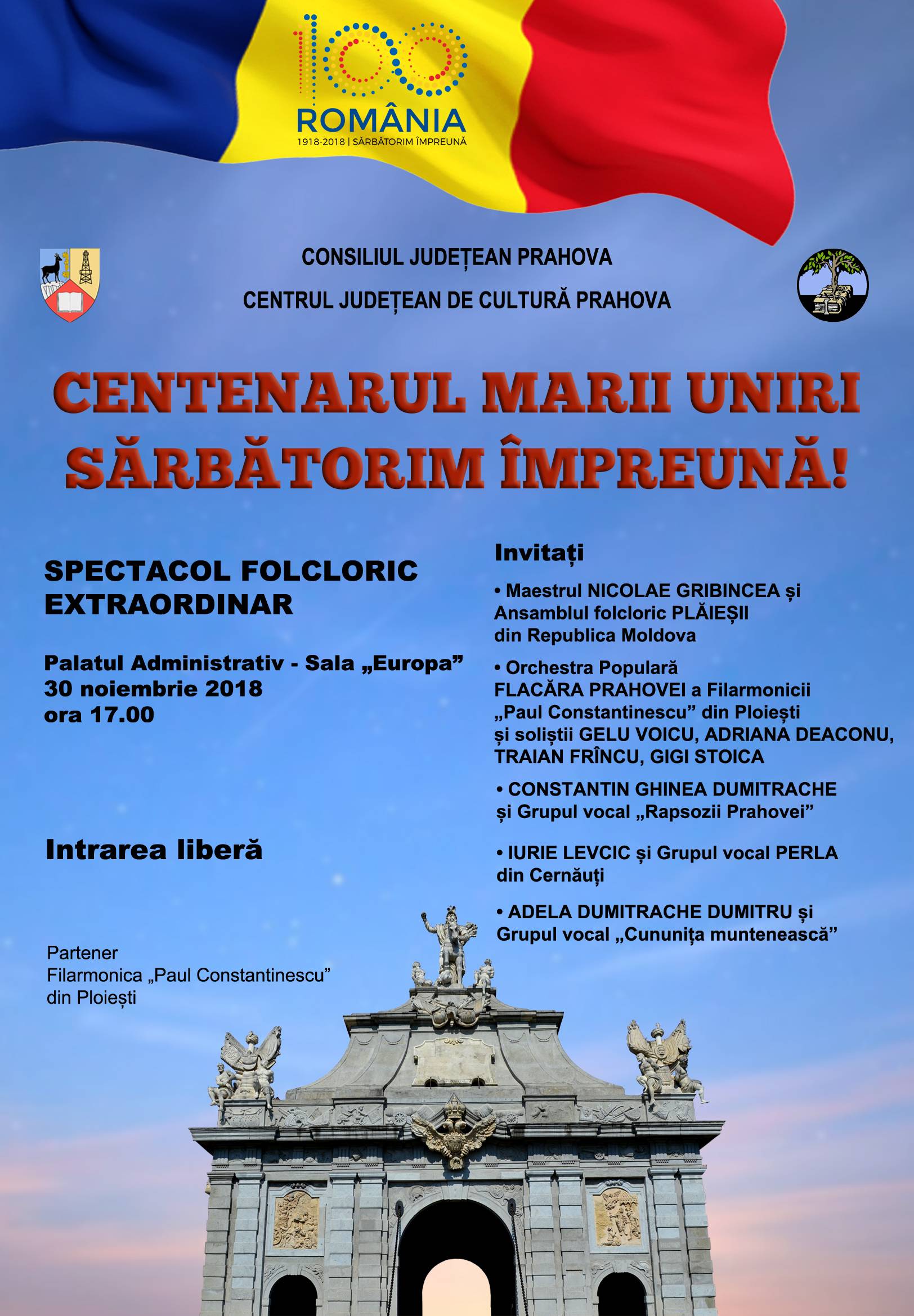 Concert de Centenar, vineri, 30 noiembrie, La Palatul Administrativ