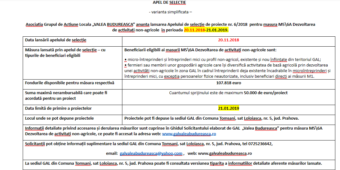 Apel de selecṭie de proiecte nr. 6/2018 pentru masura M5\6A Dezvoltarea de activitaṭi non-agricole in perioada 20.11.2018-21.01.2019 Apel de selecṭie de proiecte nr. 6/2018 pentru masura M5\6A Dezvoltarea de activitaṭi non-agricole in perioada 20.11.2018-21.01.2019
