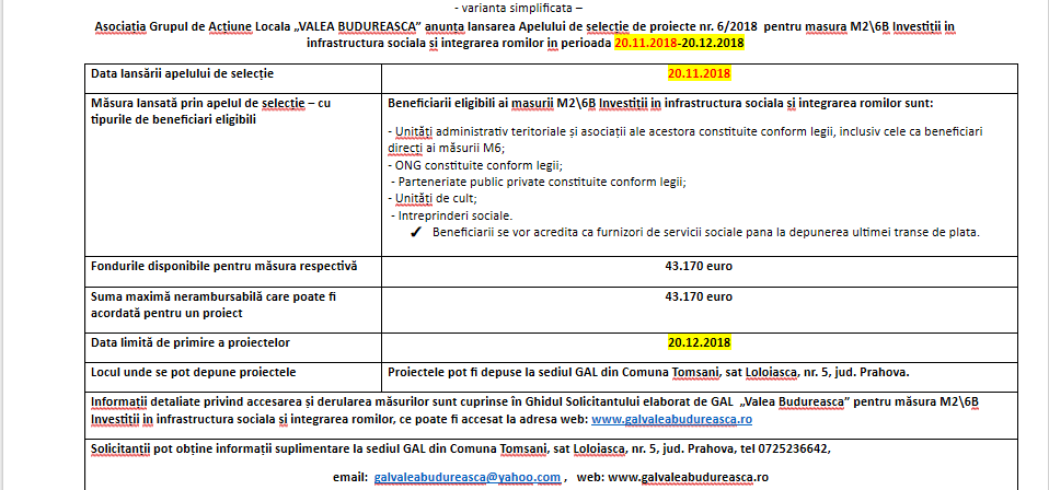 Apel de selecṭie de proiecte nr. 6/2018 pentru masura M2\6B Investiṭii in infrastructura sociala si integrarea romilor in perioada 20.11.2018-20.12.2018 Apel de selecṭie de proiecte nr. 6/2018 pentru masura M2\6B Investiṭii in infrastructura sociala si integrarea romilor in perioada 20.11.2018-20.12.2018