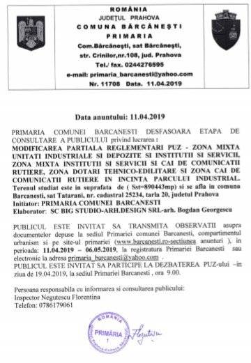 Primăria comunei Bărcăneşti desfăşoară etapa de consultare a publicului pentru modificarea parţială a reglementări PUZ-ului Primăria comunei Bărcăneşti desfăşoară etapa de consultare a publicului pentru modificarea parţială a reglementări PUZ-ului