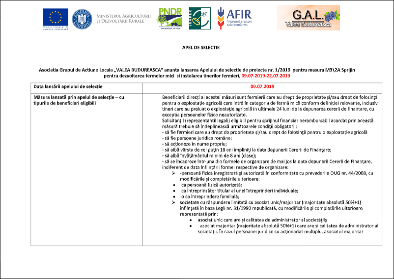 Masura M3\2A Sprijin pentru dezvoltarea fermelor mici  si instalarea tinerilor fermieri, 09.07.2019-22.07.2019