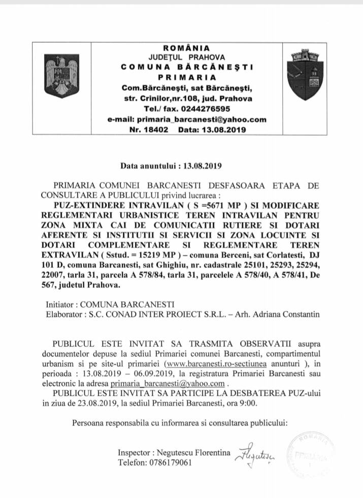 PRIMARIA COMUNEI BARCANESTI DESFASOARA ETAPA DE CONSULTARE A PUBLICULUI