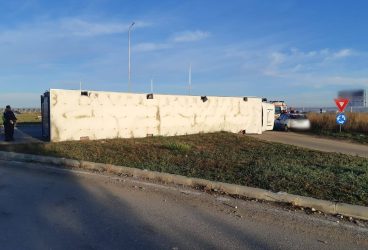 TIR plin cu porci, răsturnat în giratoriul Carrefour