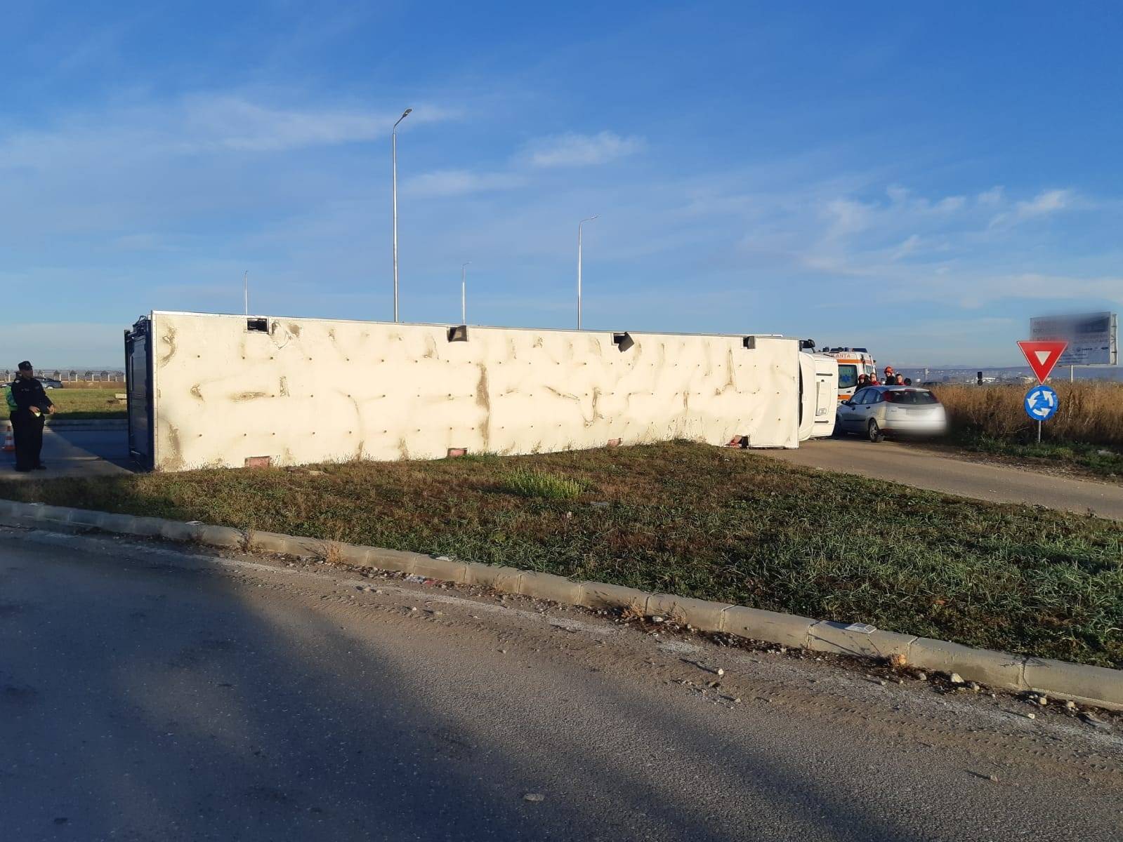 TIR plin cu porci, răsturnat în giratoriul Carrefour TIR plin cu porci, răsturnat în giratoriul Carrefour