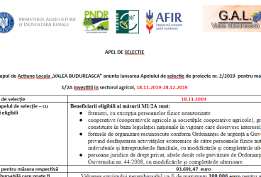 Apel de selectie de proiecte nr. 2/2019 pentru masura M1/2A Investitii in sectorul agricol, 18.11.2019-28.12.2019