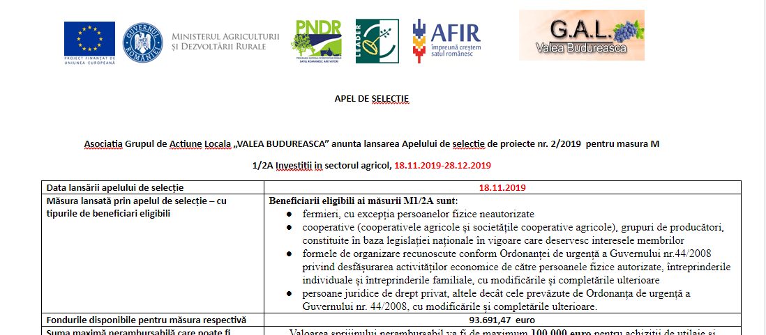 Apel de selectie de proiecte nr. 2/2019 pentru masura M1/2A Investitii in sectorul agricol, 18.11.2019-28.12.2019 Apel de selectie de proiecte nr. 2/2019 pentru masura M1/2A Investitii in sectorul agricol, 18.11.2019-28.12.2019