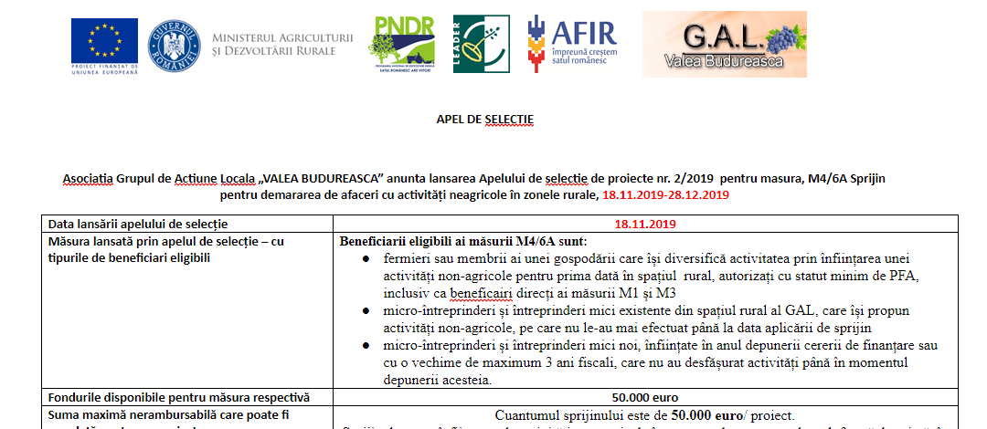 Apel de selectie de proiecte nr. 2/2019  pentru masura, M4/6A Sprijin pentru demararea de afaceri cu activități neagricole în zonele rurale, 18.11.2019-28.12.2019