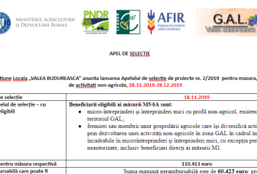 Apel de selectie de proiecte nr. 2/2019 pentru masura, M5/6A Dezvoltarea de activitati non-agricole, 18.11.2019-28.12.2019