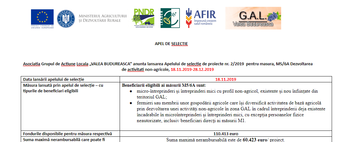 Apel de selectie de proiecte nr. 2/2019 pentru masura, M5/6A Dezvoltarea de activitati non-agricole, 18.11.2019-28.12.2019