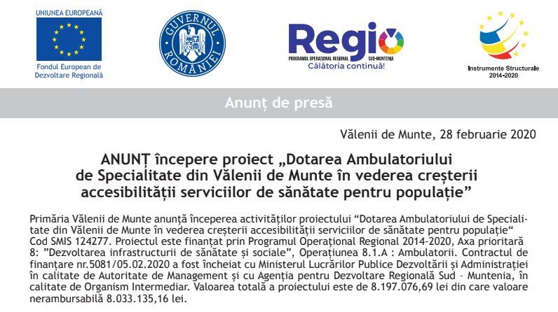 Dotarea Ambulatoriului de Specialitate din Vălenii de Munte în vederea creșterii accesibilității serviciilor de sănătate pentru populație Dotarea Ambulatoriului de Specialitate din Vălenii de Munte în vederea creșterii accesibilității serviciilor de sănătate pentru populație