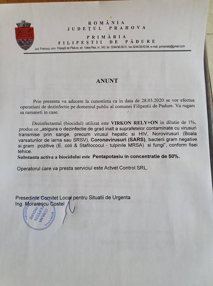 Mâine, dezinfecţie generală a domeniului public în Filipeştii de Pădure Mâine, dezinfecţie generală a domeniului public în Filipeştii de Pădure