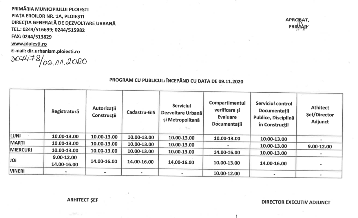 Se modifică programul cu publicul al Urbanismului la Primăria Ploiești Se modifică programul cu publicul al Urbanismului la Primăria Ploiești
