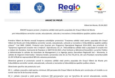 ANUNȚ începere proiect „Creșterea calității vieții pentru populația din Orașul Vălenii de Munte prin îmbunătățirea serviciilor sociale, educaționale, culturale și recreative și îmbunătățirea spațiilor publice urbane”