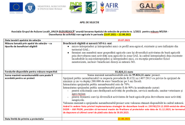 Asociația Grupul de Acțiune Locală „VALEA BUDUREASCĂ” anunță lansarea Apelului de selecție de proiecte nr. 1/2021  pentru măsura M5/6A – Dezvoltarea de activități non-agricole în perioada 23.07.2021 – 22.08.2021