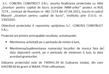 Anunt finalizare proiect finantat prin Masura 2 „Granturi pentru capital de lucru acordate IMM-urilor” pentru societatea S.C. CONCRIS CONSTRUCT S.R.L.