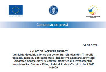 ANUNȚ DE ÎNCEPERE PROIECT ”Achiziția de echipamente din domeniul tehnologiei – IT mobile, respectiv tablete, echipamente şi dispozitive necesare activității didactice pentru elevii şi cadrele didactice din învăţământul preuniversitar Comuna Rîfov, Județul Prahova” cod proiect SMIS144409