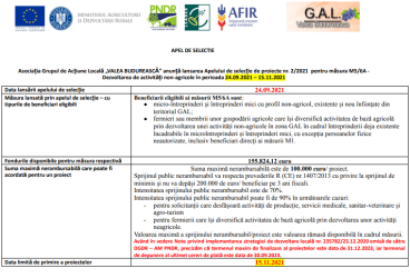 Asociația Grupul de Acțiune Locală „VALEA BUDUREASCĂ” anunță lansarea Apelului de selecție de proiecte nr. 2/2021 pentru măsura M5/6A -Dezvoltarea de activități non-agricole în perioada 24.09.2021 – 15.11.2021