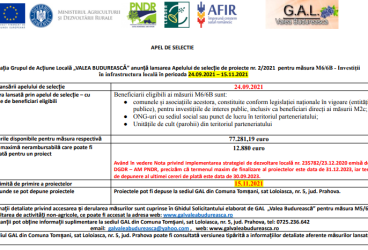 Asociația Grupul de Acțiune Locală „VALEA BUDUREASCĂ” anunță lansarea Apelului de selecție de proiecte nr. 2/2021  pentru măsura M6/6B – Investiții în infrastructura locală în perioada 24.09.2021 – 15.11.2021