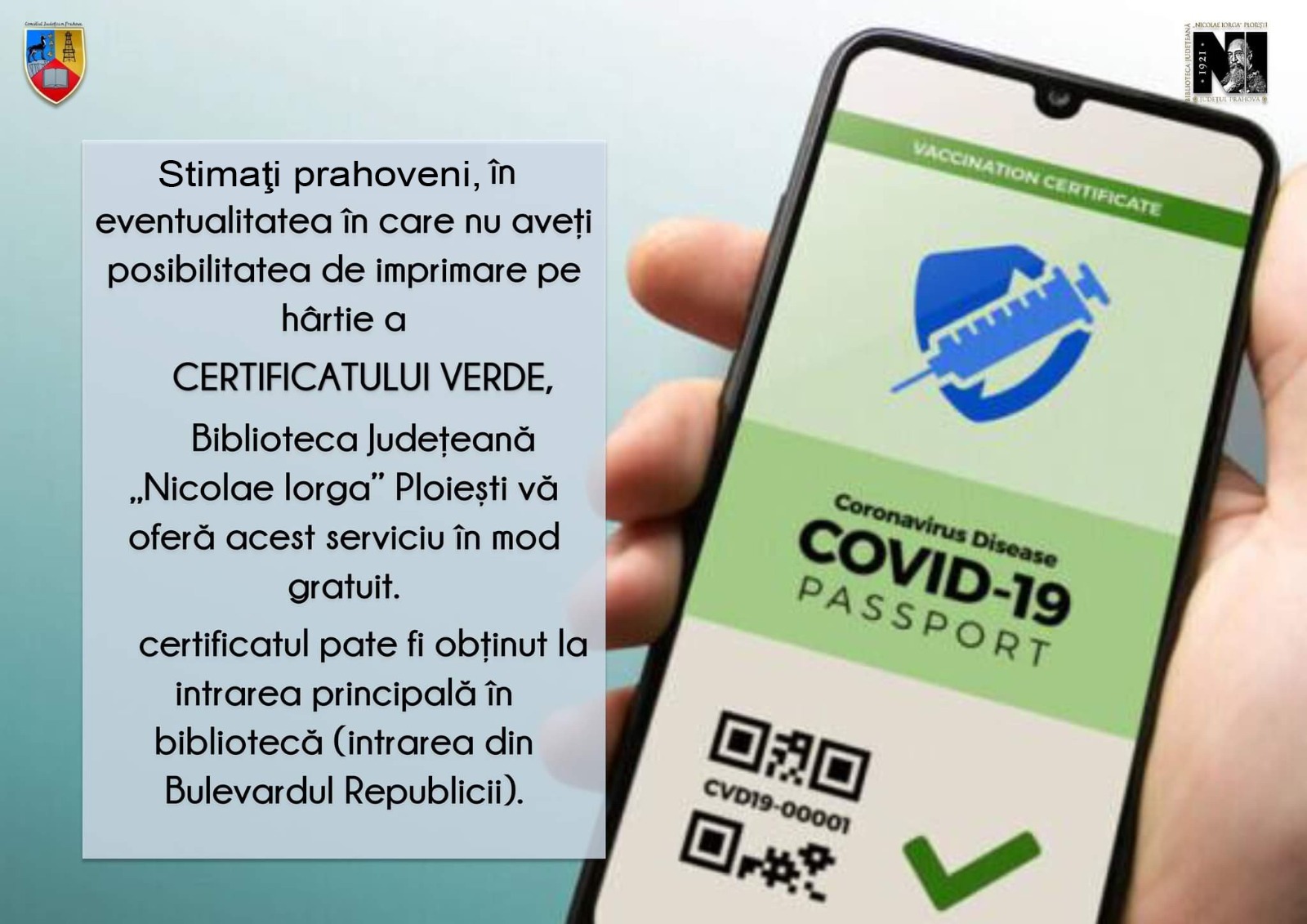 N-ai imprimantă? Îți tipărește gratuit Biblioteca ”Nicolae Iorga” certificatul verde
