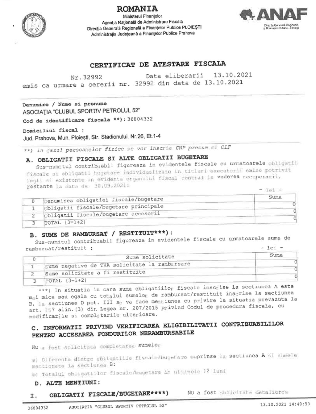 Fără a fi fost obligat, clubul cu patronat privat ACS Petrolul ’52 Ploiești a făcut public certificatul fiscal cu valoare zero! Se așteaptă replica acelora care au tot pus la îndoială absența datoriilor găzarilor, dar și o mare criză în buget!