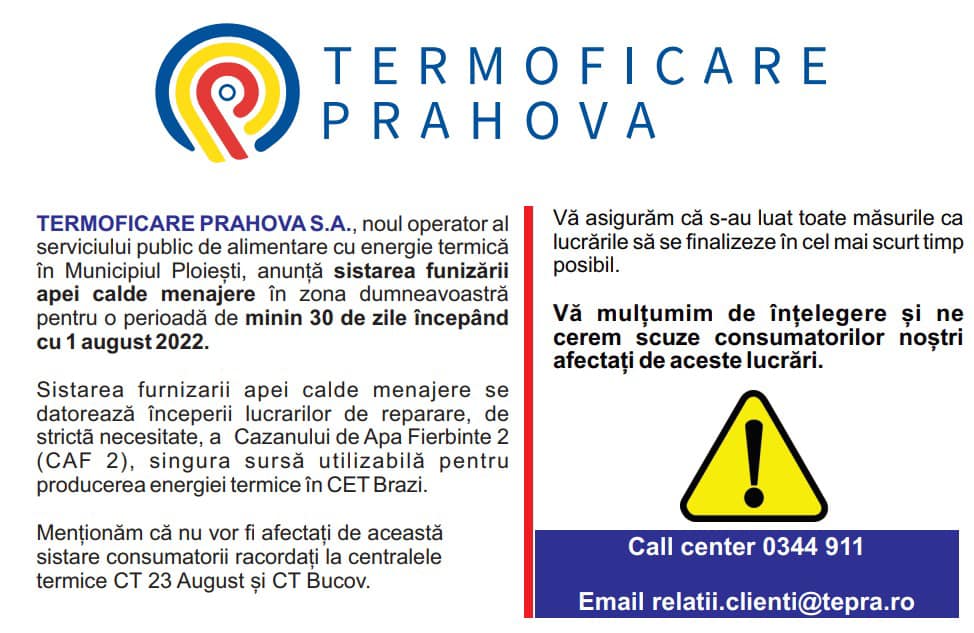 Se oprește apa caldă la blocurile din Ploiești timp de cel puțin o lună