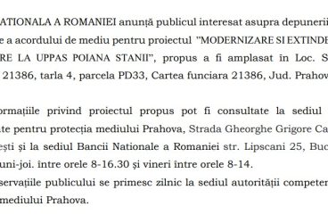 ANUNȚ PUBLIC PRIVIND DEPUNEREA SOLICITĂRII DE EMITERE A ACORDULUI DE MEDIU