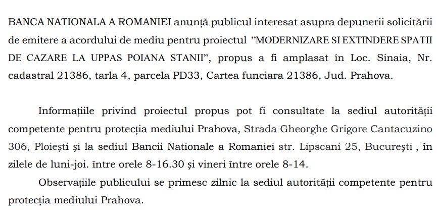 ANUNȚ PUBLIC PRIVIND DEPUNEREA SOLICITĂRII DE EMITERE A ACORDULUI DE MEDIU