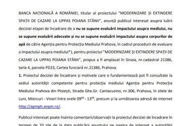 ANUNȚ PUBLIC PRIVIND DECIZIA ETAPEI DE ÎNCADRARE