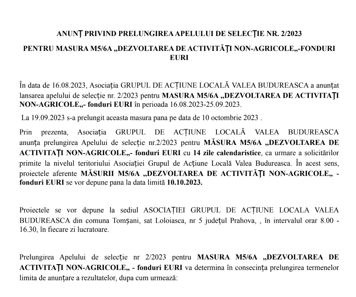 ANUNȚ PRIVIND PRELUNGIREA APELULUI DE SELECȚIE NR. 2/2023 PENTRU MASURA M5/6A “DEZVOLTAREA DE ACTIVITĂȚI NON-AGRICOLE”-FONDURI EURI