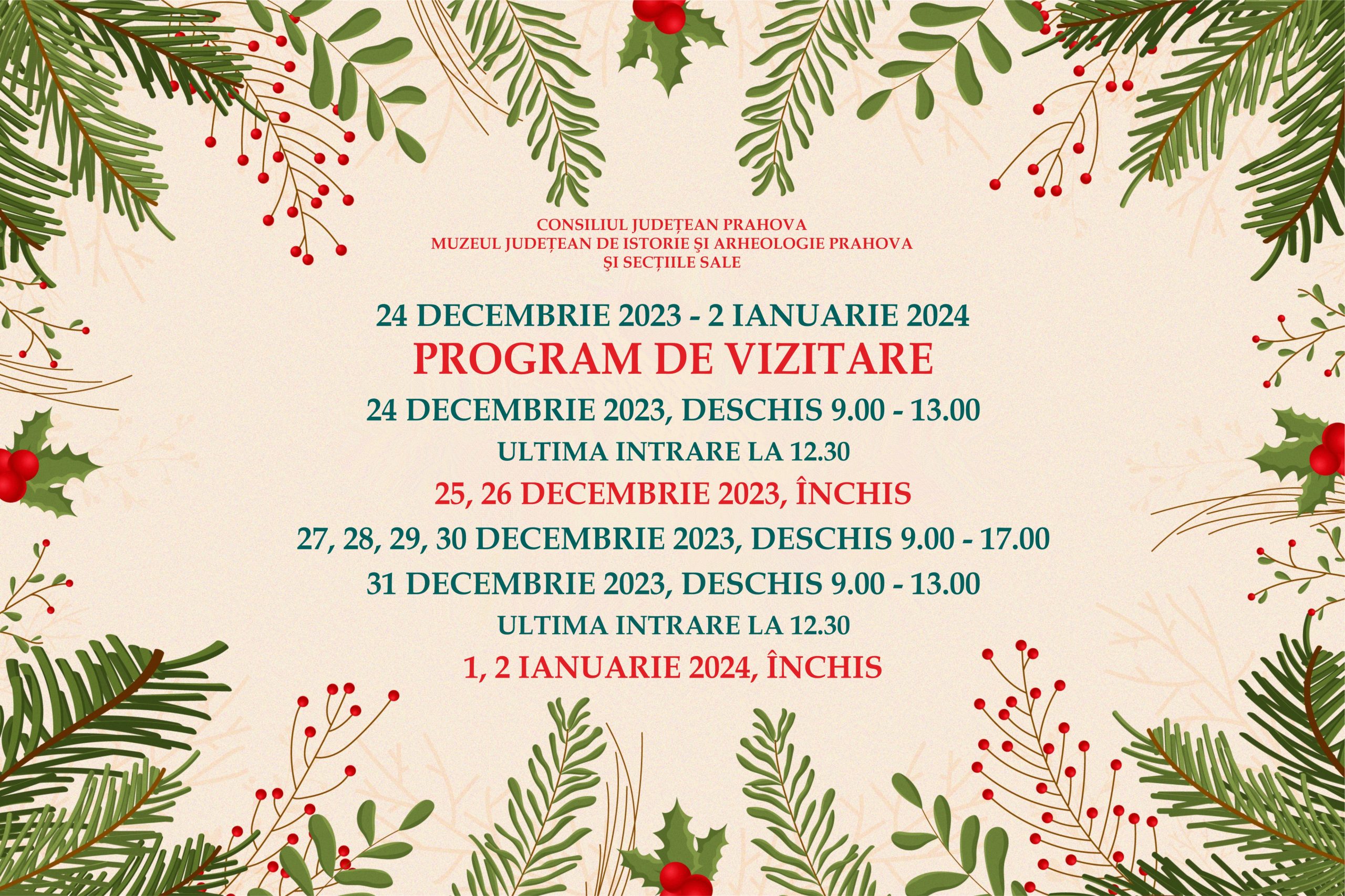 Programul de sărbători al al Muzeului Judeţean de Istorie şi Arheologie Prahova şi secţiilor sale