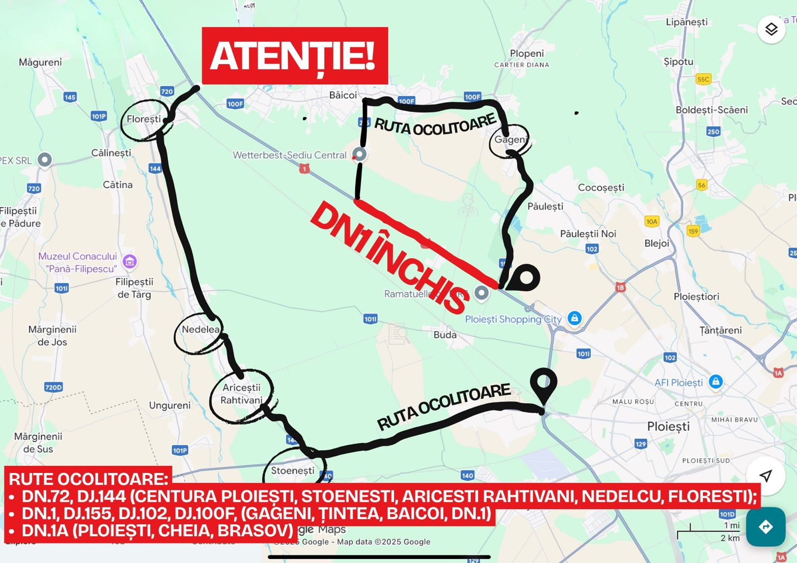Trafic restricţionat pe DN1, la Movila Vulpii. Rute ocolitoare