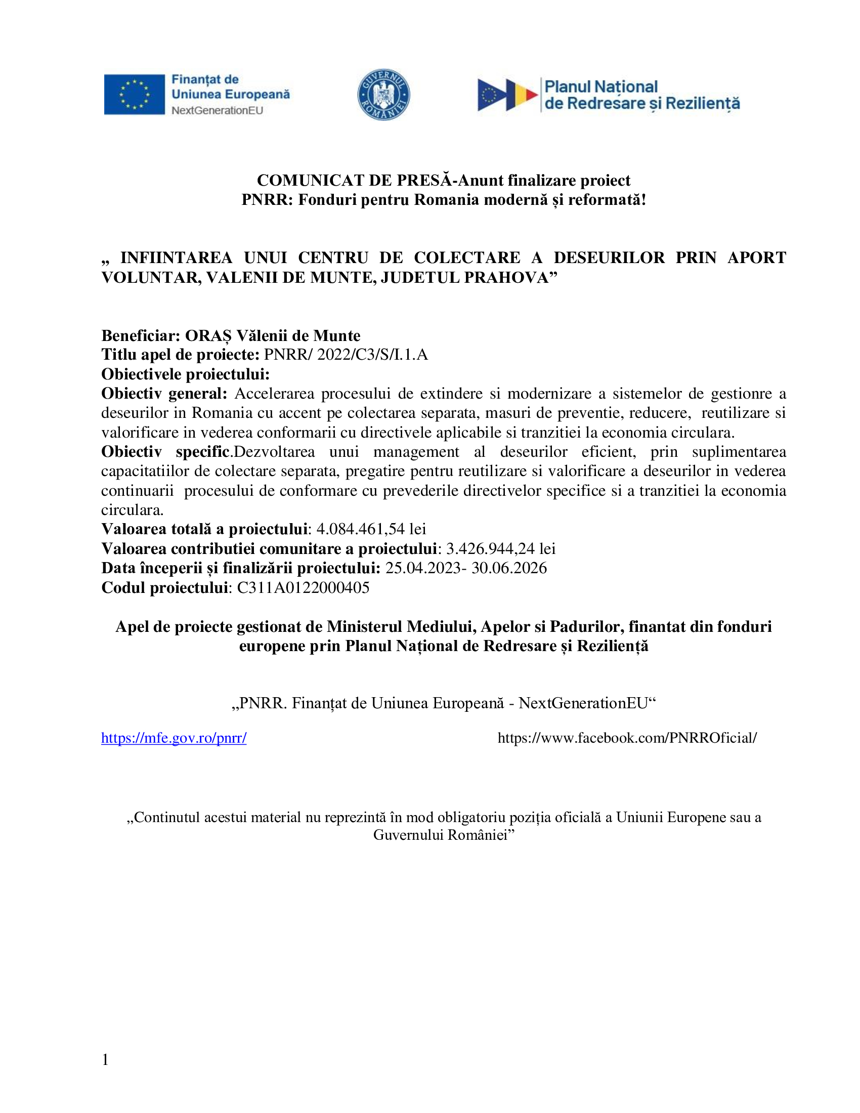 Anunt finalizare proiect – PNRR: Fonduri pentru Romania modernă și reformată!