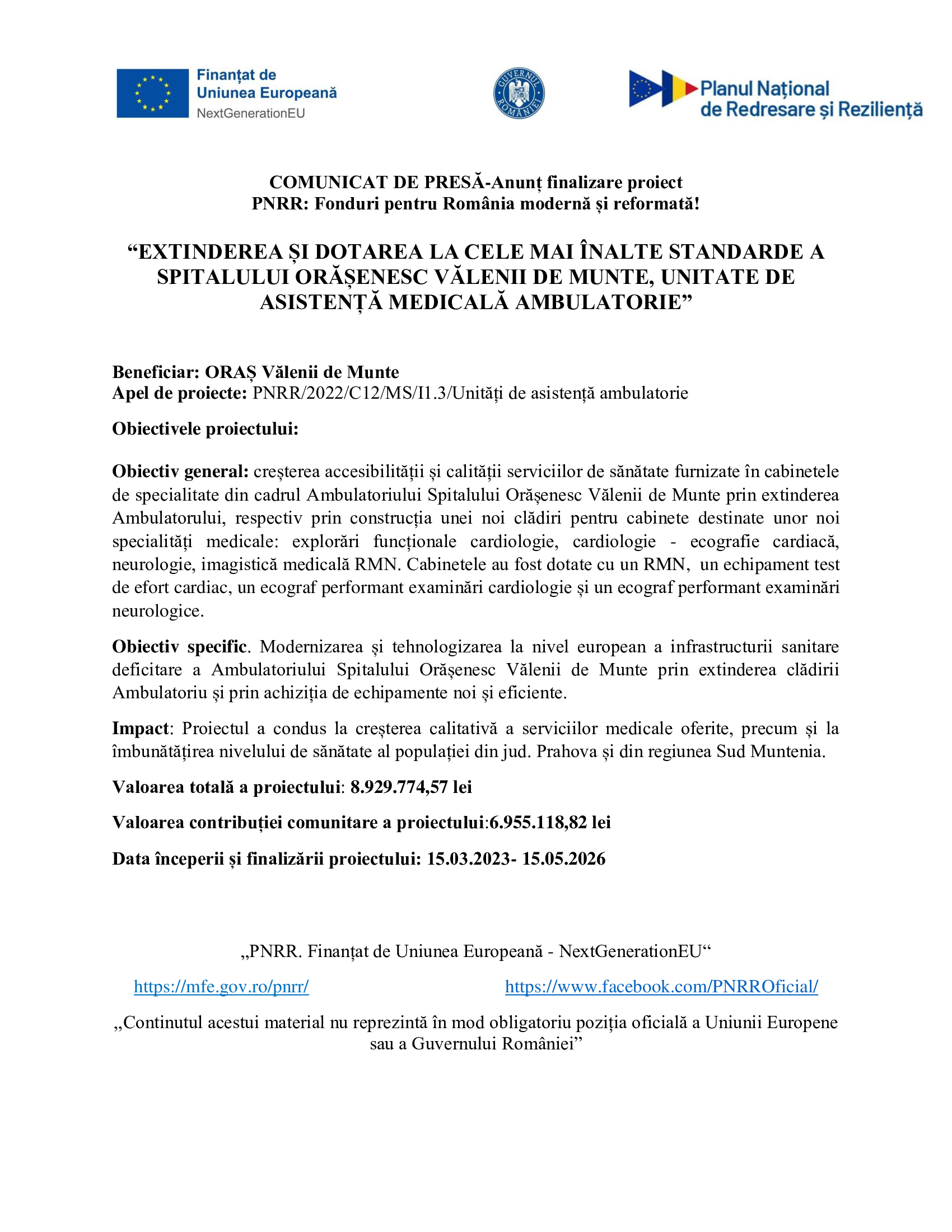 Anunț finalizare proiect  PNRR: Fonduri pentru România modernă și reformată!
